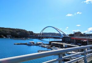 生浦湾に架かるアーチ橋、麻生の浦大橋。海辺の景色ならではの光景を貸切バスで車窓見学。真珠の養殖の筏が浮かぶ海も三重県らしい景色です。